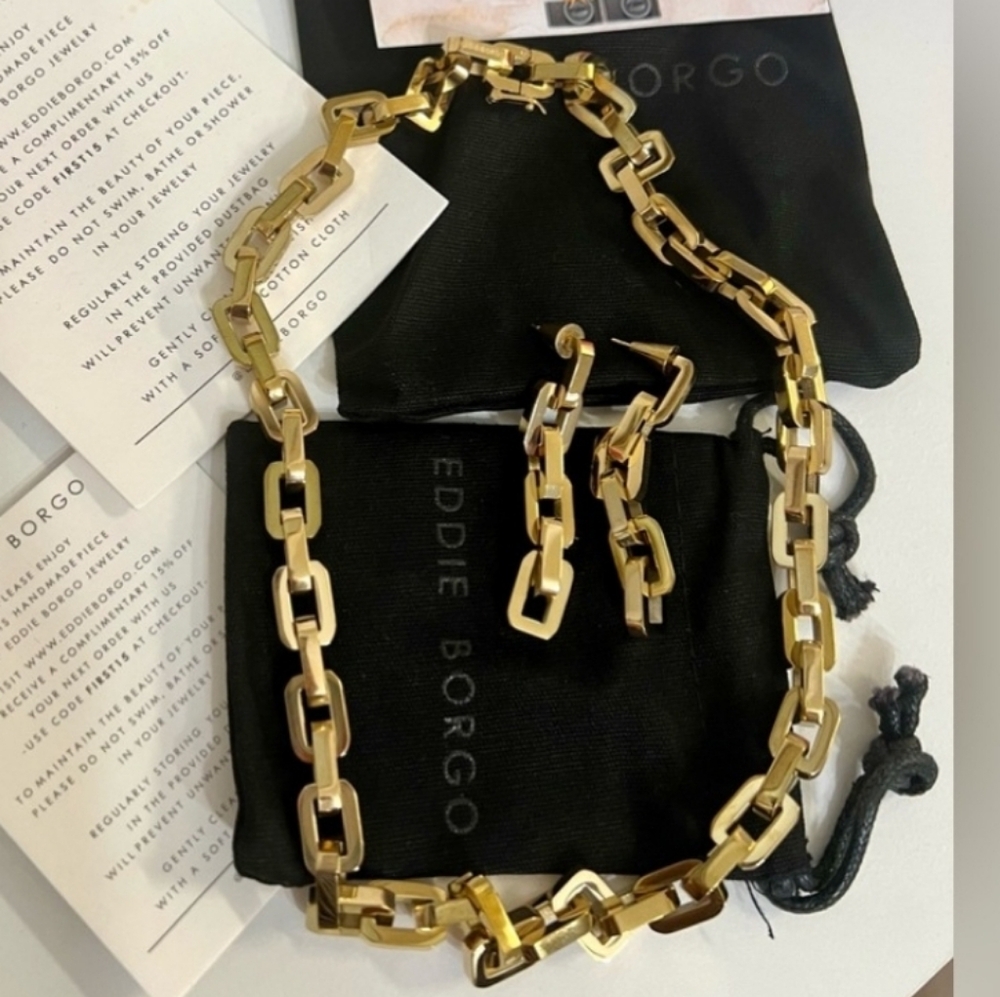 Eddie Borgo High-Polish Gold Geometric Link Necklace with Matching Earrings
